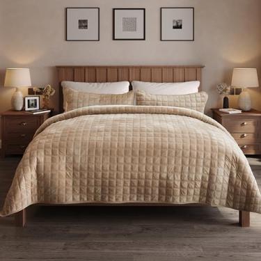 Imagem de Fleeco Conjunto de colcha de veludo tamanho Queen, 236 x 236 cm, edredom de veludo luxuoso, colcha ultramacia, com 2 fronhas combinando, para todas as estações, marrom claro