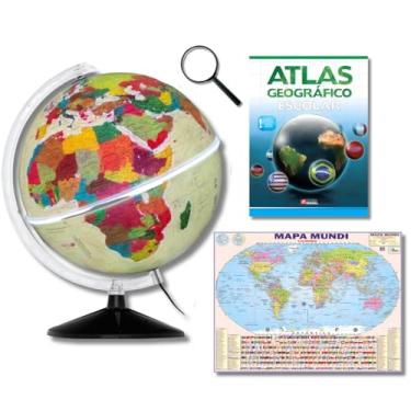 Imagem de GLOBO TERRESTRE FÍSICO HISTÓRICO LUMINOSO BASE PRETA 30CM + MAPA MUNDI + LUPA + ATLAS GEOGRÁFICO