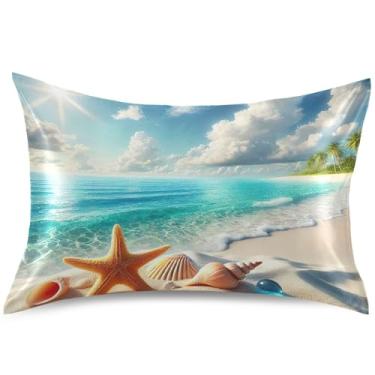Imagem de Capa de almofada de cetim com estrelas do mar costeira King Queen padrão arte fofa refrescante capa de almofada macia para cama, tamanho Queen, 76 cm x 50 cm