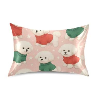 Imagem de Fronhas engraçadas fofas bichon frise cães vermelho cetim resfriamento padrão king queen fronhas personalizadas capa de almofada macia tamanho queen 76 cm x 50 cm