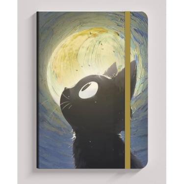 Imagem de Bloco de desenho A5 - Capa dura com tema felino, papel pesado sem linhas, adequado para criação artística, anotações e colecionadores de gatos (GATO DA LUA,COM pauta (escrever))