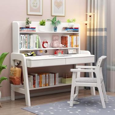 Imagem de HGTRH Mesa D'éTude Pour Adultes/ÉTudiants, Bureau D'éCriture Avec Tiroirs et Niche, Bureau D'Ordinateur en Bois De ChêNe Massif Pour Petit Espace De Bureau à Domicile Branco 126 x 60 x 123 cm