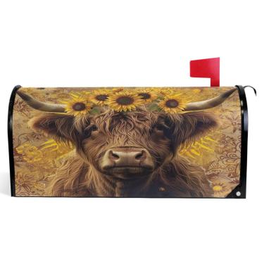 Imagem de TSENQUE Capas de caixa de correio magnéticas decorativas vinil caixa de correio envoltório verão à prova de intempéries férias caixa de correio decoração vintage vaca highland girassol tamanho grande