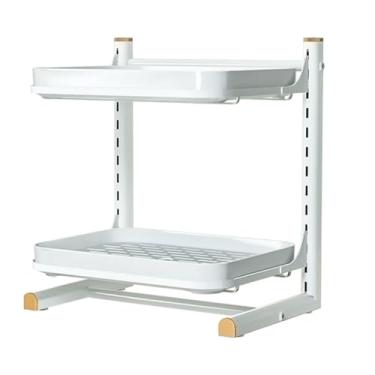 Imagem de LNQKJXIIA Boutiques US Escorredor de copo ajustável de 2 níveis, design de ventilação de bandeja de drenagem removível, escorredor organizador de pratos de plástico (branco)