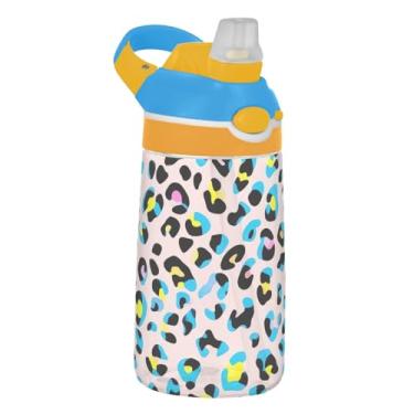 Imagem de Garrafa de água esportiva infantil preta com estampa de leopardo para escola, 473 ml, 473 ml, garrafa de água Tritan com canudo, copos de viagem à prova de vazamento para crianças, portátil, alça de