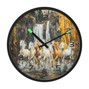 Imagem de SEHANY Relógio de parede artístico majestoso cavalos silencioso, sem tique-taque, relógio redondo operado por bateria, controle de som, luz noturna, relógios de parede para sala de estar, cozinha