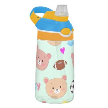 Imagem de Garrafa de água infantil de 473 ml com tampa de palha, garrafa de água esportiva Tritan de 473 ml, copo infantil portátil reutilizável, alça de transporte, rostos de urso fofos turquesa