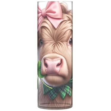 Imagem de Vaso cilíndrico para mesa decorativo bonito trevo de vaca highland bonito vaso alto plástico personalizado floral decoração de outono estética, 30 cm x 9,9 cm