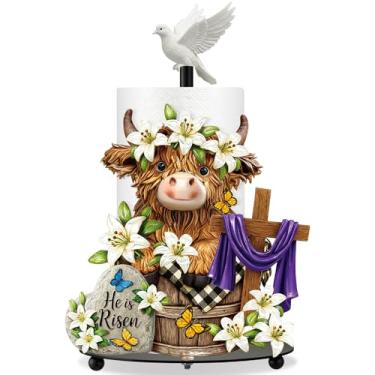 Imagem de Chunful Suporte de toalha de papel de vaca Highland da Páscoa com base redonda decoração de banheiro de Páscoa com cruz flor primavera ele é ressuscitado dispensador de vaca Highland suporte de papel