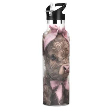 Imagem de Garrafa de água fofa de vaca Highland com tampa de palha, garrafas de água isoladas de aço inoxidável para meninas e adolescentes, copos infantis à prova de vazamento de parede dupla de 590 ml