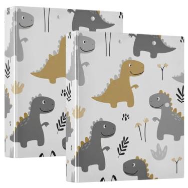 Imagem de Fichário com 3 anéis de dinossauros de desenho animado fofo, cinza, 3 polegadas, comporta 200 folhas, portfólio estético, anel redondo, 31,5 x 27 x 6 cm, pacote com 2