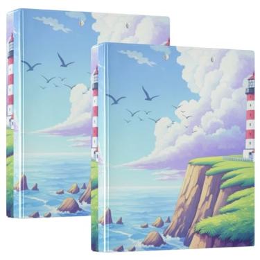 Imagem de Fichários personalizados com paisagem de penhasco de farol costeiro de 3,8 cm, 3 anéis, 200 folhas, pastas, anel redondo, fichário de escritório, 31,5 x 27 x 6 cm, 1 pacote