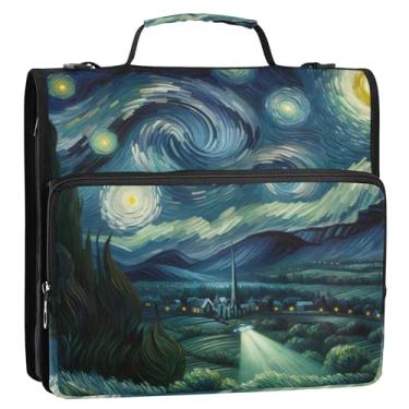 Imagem de Fichários florais de 3,8 cm, 3 anéis, noite estrelada, OVNI, Vincent, organizador de fichário com zíper, vários bolsos, pastas grandes para portfólio com alça bolsa escolar