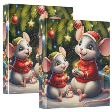 Imagem de Mouse de Natal personalizado fofo fichário de 3 cm com 3 anéis, 200 folhas, caderno, anel redondo, fichário de escritório, 31,5 x 27 x 6 cm, pacote com 2