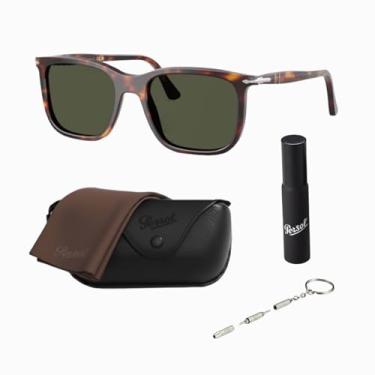 Imagem de Persol Óculos de sol RENZO PO3357S em formato retangular com kit oficial de óculos, Armação Havana | Lente verde
