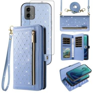 Imagem de Asuwish Capa de celular para Motorola Moto G 5G 2024 com zíper carteira magnética destacável protetor de tela de vidro temperado alça transversal flip bling suporte para cartão de crédito G5G 5 G G5