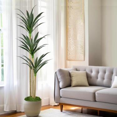 Imagem de Árvore artificial de planta de agave sintética de 1,5 m com 45 folhas e 3 troncos grandes realistas, plantas altas artificiais em vaso de chão falso para decoração de casa, escritório, jardim