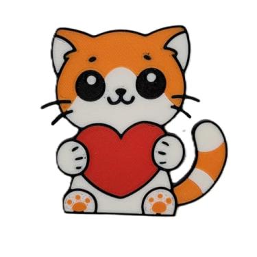 Imagem de Ímã de gato de Dia dos Namorados – Presente fofo e adorável de gatinho segurando o coração por Znet3D – Variantes marrom, prata, laranja – Ímã de gato "Purrfect Love" (Laranja)