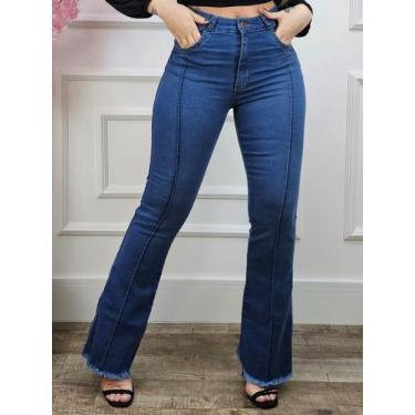 Imagem de Calça Jeans Feminina Flare Cintura Alta Lycra Elastano Cós Alto Boca d