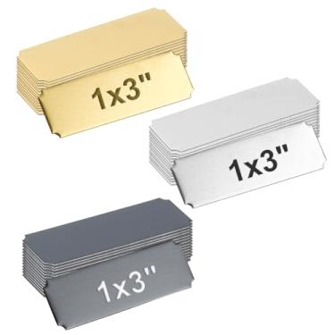 Imagem de GOMAKERER 48 peças de placas de nome de 3 cores gravadas, placas de metal personalizadas de 7,5 x 2,5 cm, placa de metal em branco gravada com suporte adesivo para troféus, artesanato DIY e decoração