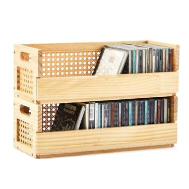 Imagem de CroBlissful 2 conjuntos de caixas de armazenamento de CD de madeira com alças de transporte, prateleiras de exibição de fita cassete design de vime prateleira organizadora para capas de filmes, DVDs
