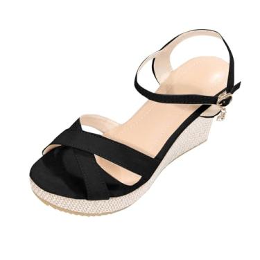 Imagem de Sandália feminina versátil envolvente salto plataforma plus size primavera verão moderno cor sólida confortável casual corda pano, Preto, 39