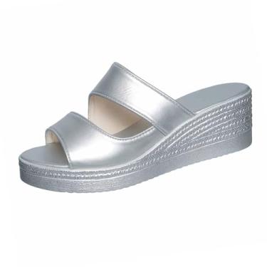 Imagem de Sandálias femininas plataforma peep toe sola grossa 5,5 cm salto casual slip-on para conforto de verão PU, Prata, 34