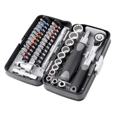 Imagem de Conjunto de Chave Catraca com 38 Peças Kit Bits Parafuso Soquete 1 4 Aço Cromo Vanádio Magnéticos Trava Direção Esquerda e Direita Fácil Usar Transportar Resistente ao Desgaste Cabo para Manutenção Bi