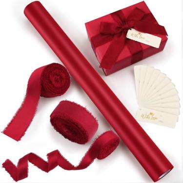 Imagem de Ctosree Conjunto de papel de embrulho vermelho para o Dia dos Namorados com 10 metros, fita de cetim tipo seda, 12 etiquetas de presente, kit de embrulho de presente para aniversário, casamento, Natal