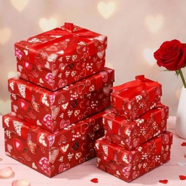 Imagem de Cholemy 6 caixas de presente de Natal com tampas, caixas de ninho de Natal empilhadas, design clássico de Natal em 6 tamanhos variados para presente de embrulho decorativo (Dia dos Namorados, vermelho