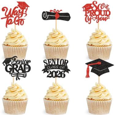 Imagem de Ercadio Pacote com 36 toppers para cupcakes de formatura 2022 Red Glitter Class of 2022 Cupcake Toppers com boné para estudante de graduação Diploma So Proud of You Palitos de cupcake para 2022 Formatura Tema Festa Bolo Decoração Suprimentos