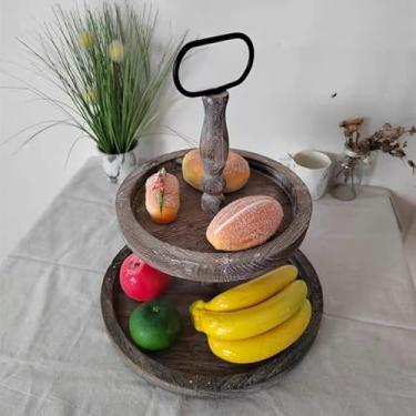 Imagem de Prato de Bolo Frutas Madeira 2 Camadas Estilo Farmhouse Retrô - Petiscos em para Sala Estar Vintage Uso Residencial Ferr