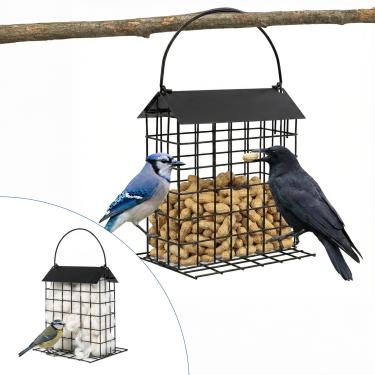 Imagem de Crow & Blue Jay Alimentador de pássaros de amendoim: suporte de bolo de sebo duplo com telhado e poleiro à prova de intempéries para pendurar no exterior - gaiola alimentadora de oríole pomba de luto