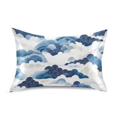 Imagem de Wassud Fronha de cetim com padrão ondulado azul para cabelo e pele, fronhas de seda lisa, tamanho queen, respirável, com fecho de envelope