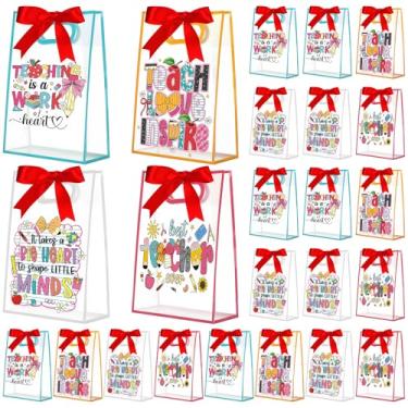 Imagem de Gersoniel Pacote com 24 sacos de presente transparentes de agradecimento de professores com alças pequenas sacolas de plástico reutilizáveis para presente de festa com fitas, bolsa de PVC transparente