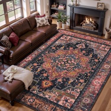 Imagem de Tangsoo Tapete vintage 15 x 23 lavável para sala de estar azul escuro/vermelho antiderrapante para área pequena