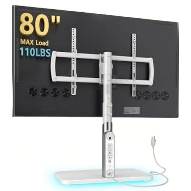 Imagem de LLDEPLL Suporte universal para TV de mesa com tomada elétrica para monitores LED OLED de 50 a 90 polegadas, ajuste de altura de 9 níveis, iluminação ambiente na parte inferior comporta até 68 kg