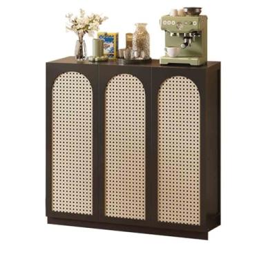 Imagem de Aparador de cozinha retrô para cozinha, sala de estar, rattan no chão, três portas, branco/preto, armário buffet (preto)