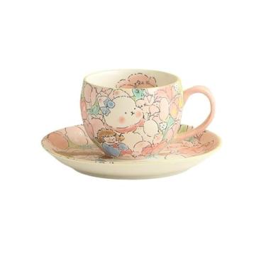 Imagem de Conjunto de caneca xícara de café e pires de cerâmica xícaras de chá da tarde moda leve luxo bonito e prático pintado à mão canecas de café/chá (rosa)