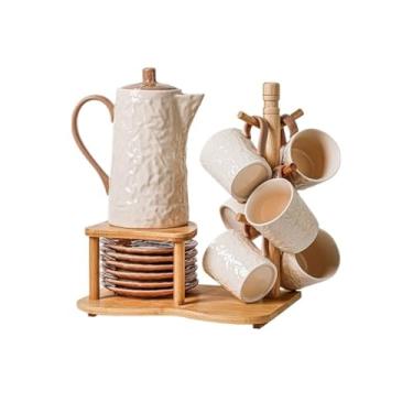 Imagem de x3anggyt5 Jarro de água de cerâmica, conjunto de água, caixa de presente, xícara de chá, sala de estar, chaleira fria, flor, conjunto de chá, conjunto de café para casa, jarra de chá gelada (branca)