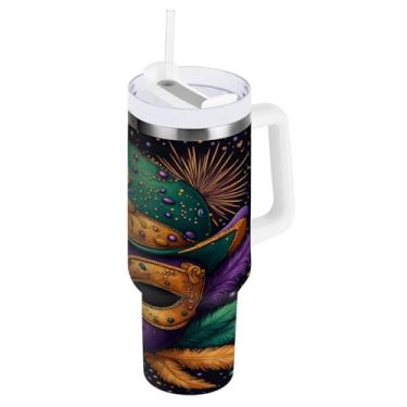 Imagem de Blueangle Copo isolado de máscara colorida de carnaval de 850 g com alça e tampa de palha, caneca de viagem reutilizável de aço inoxidável (156)