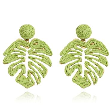 Imagem de QLYOVWE Brinco feminino com pingente de folha de palmeira de ráfia, feito à mão, boêmio, leve, verde tropical, para joias de praia, férias de verão, Ráfia, Sem pedra preciosa