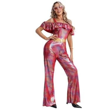 Imagem de ROC PARTY Macacão feminino estilo discoteca dos anos 70 – Fantasia de dança descolada holográfica retrô com acessórios para o Dia das Bruxas e festas temáticas (holográfico vermelho, médio)