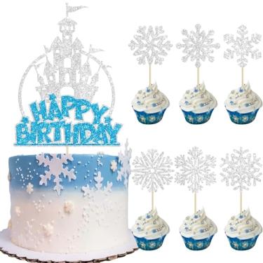 Imagem de Gyufise 25Pcs Frozen Snowflake Cupcake Toppers Castle Happy Birthday Cake Topper Frozen Party Decorations for Winter Princess Theme Baby Shower Birthday Party Supplies Silver