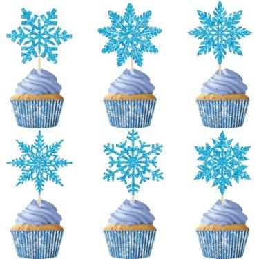 Imagem de Gyufise 36Pcs Snowflake Cupcake Toppers Glitter Frozen Cupcake Picks Snowflake Cake Decorations for Winter Wonderland Frozen Theme Baby Shower Birthday Christmas Party Supplies Blue