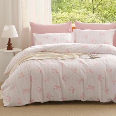Imagem de Erwinmu Conjunto de edredom para meninas, tamanho casal, 3 peças, gravata borboleta rosa, estampa listrada de volta às aulas, para meninas e crianças, edredom macio e aconchegante de microfibra e 2