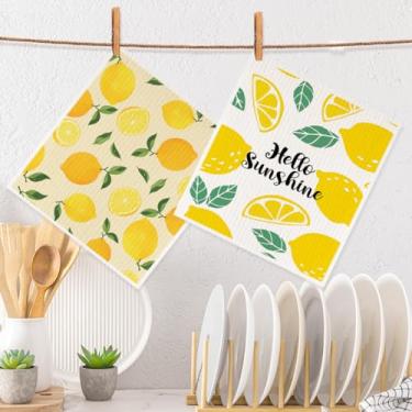 Imagem de Panos de prato suecos com tema limão para cozinha, conjunto de panos de prato suecos com estampa Hello Sunshine, reutilizável, lavável, absorvente, macio, durável, toalha de prato para limpeza de casa