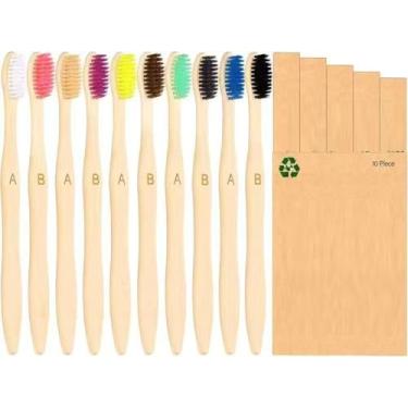 Imagem de Escova de dentes de bambu com 10 unidades, cerdas macias para adultos, escovas de dentes de madeira natural ecológicas, escova de dentes de bambu orgânico vegano para viagem (10 cores)