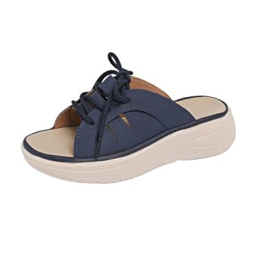 Imagem de Sandálias femininas casuais de cor sólida com tira única e laços, salto plataforma grosso para um visual elegante e elevado, Azul royal, 36