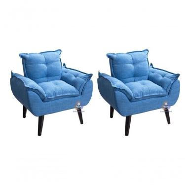 Imagem de Kit 02 Poltrona/cadeira Decorativa Glamour Com Pés Quadrado Azul Linho